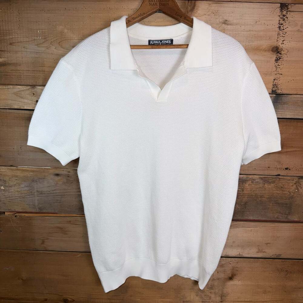 PJ PAUL JONES Men's White Textured Knit Johnny Collar SS Sweater Polo Size M